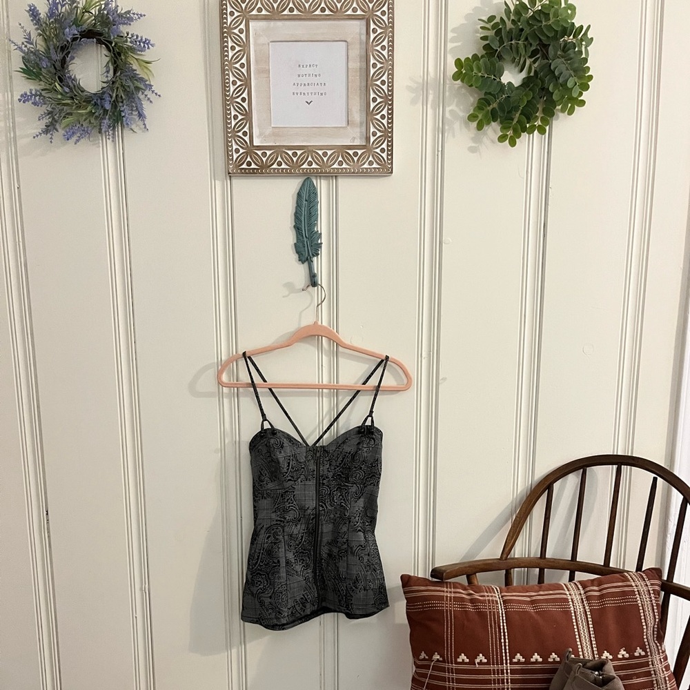 Nikki Mae black and grey cross cross strap tank with front zipper
